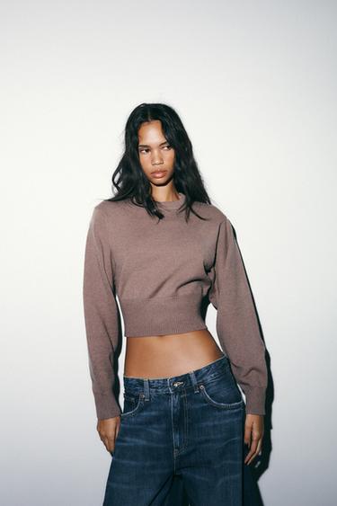PLAIN KNIT CROPPED JUMPER - Brown / Taupe by Zara