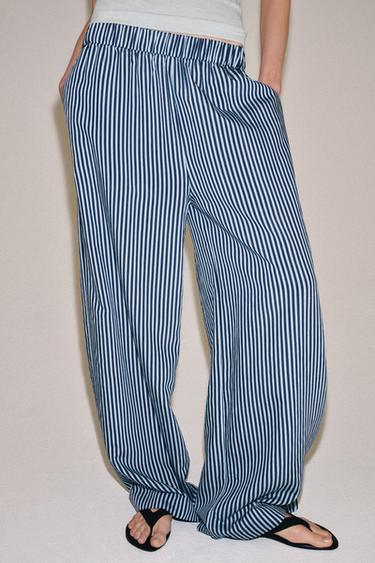 PANTALON À JAMBES LARGES À RAYURES ZW COLLECTION - Bleu de Zara
