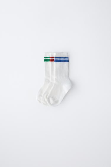 Zara THREE-PACK OF STRIPED LONG SOCKS - White