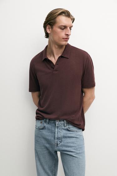 Zara Linen and cotton short sleeve polo shirt - Burgundy