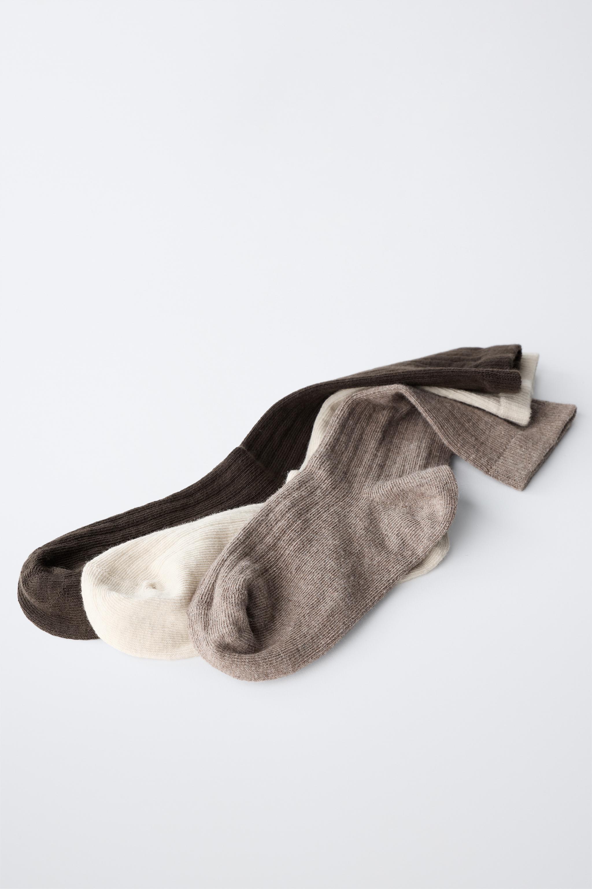 THREE-PACK RIBBED MID-CALF SOCKS — Light beige