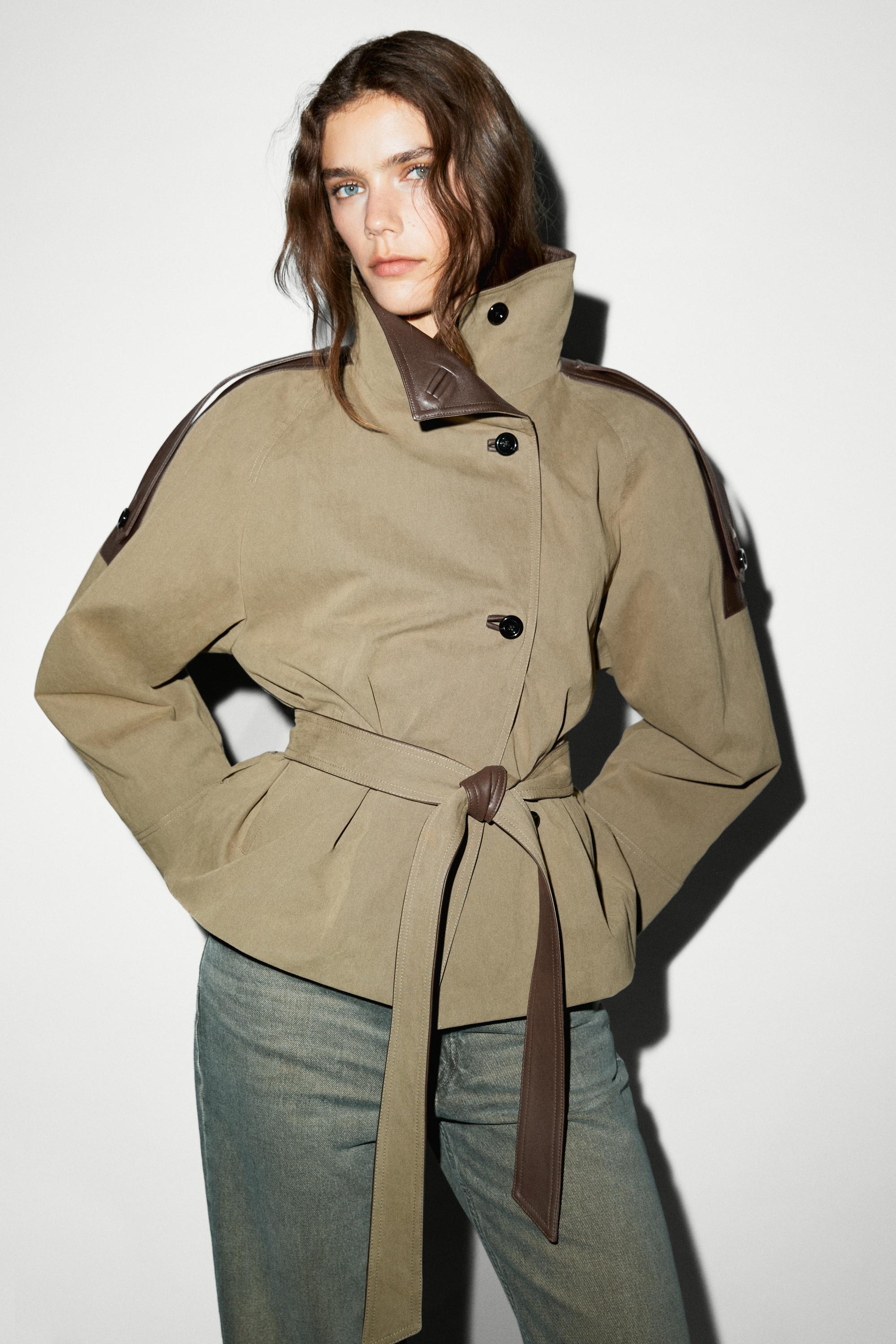 Cropped mixed leather jacket — Gray green