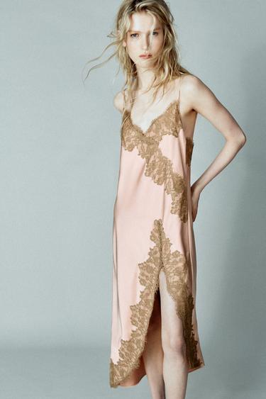 Zara ZW COLLECTION SATIN LACE DRESS - Dusty pink