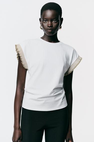 METALLIC THREAD RUFFLE T-SHIRT - White by Zara - Image 0