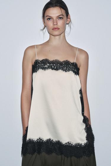 ZW COLLECTION SATIN LACE TOP - Black / White by Zara