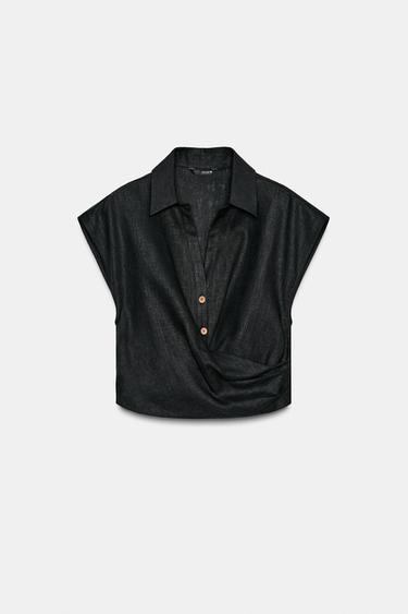 Zara LINEN BLEND SHIRT WITH PLEAT - Black