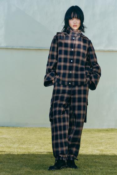 Zara 格紋絎縫連帽夾克 - 紅色/海藍色