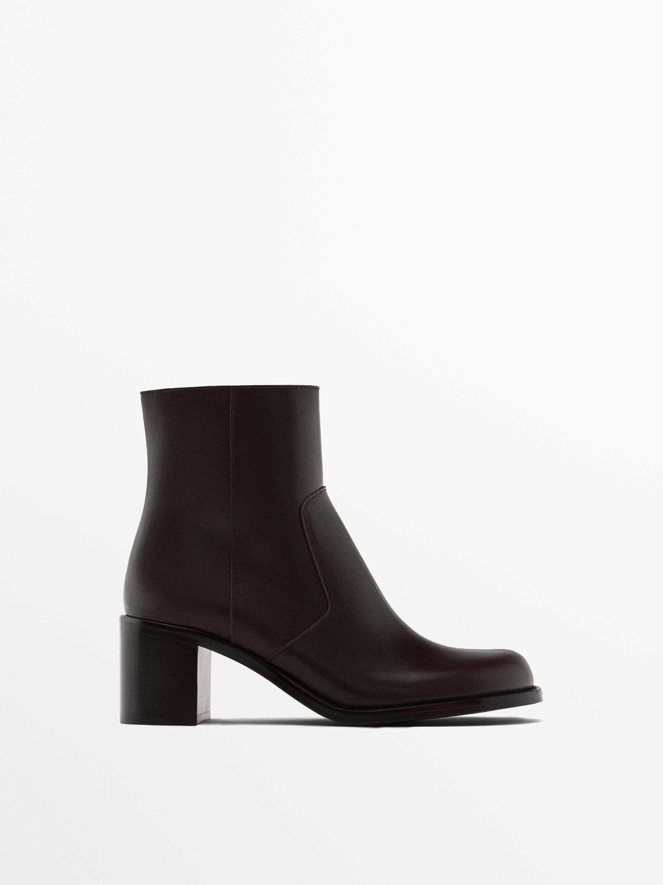 Bottines a talon large en cuir Marron ZARA Canada