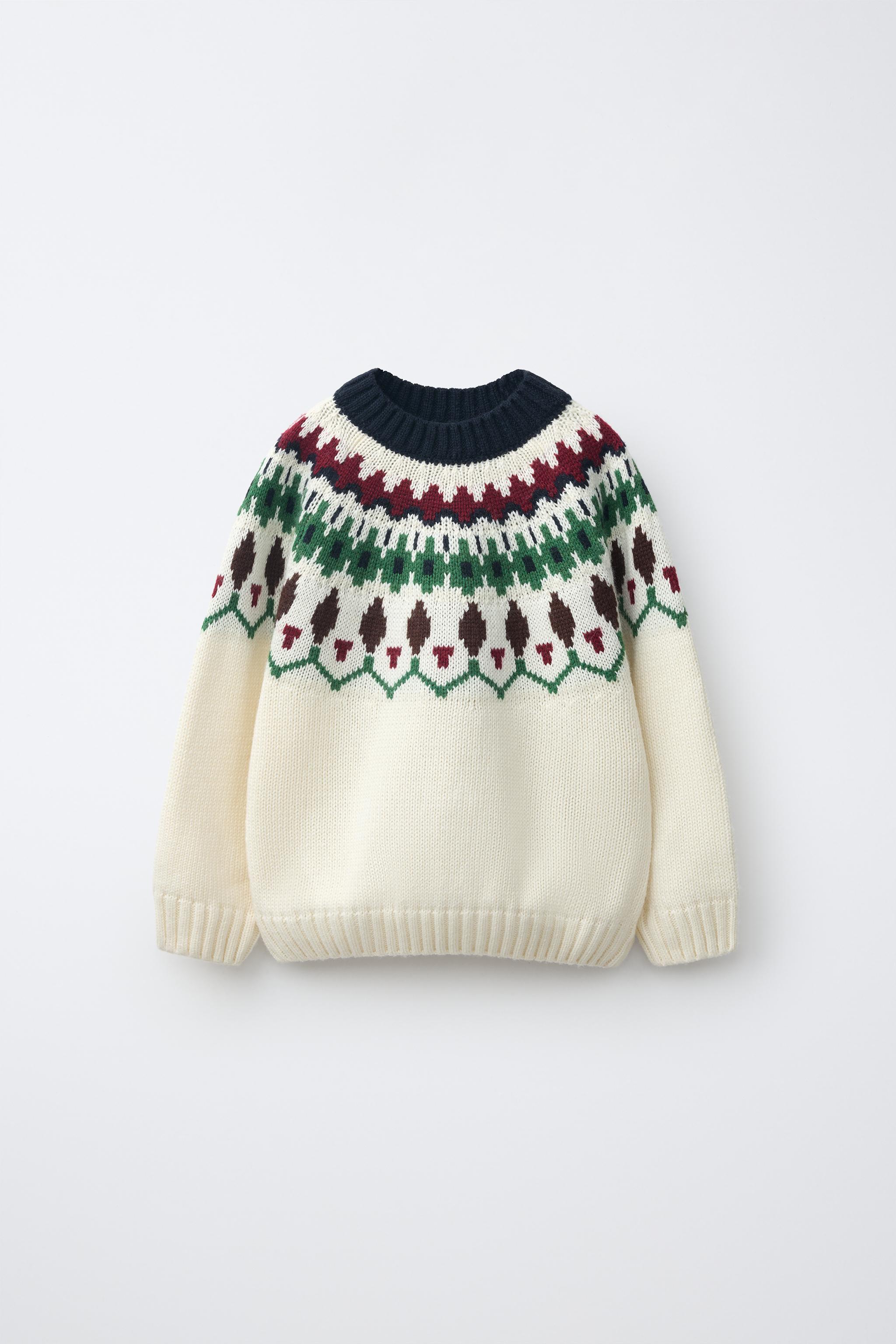 WOOL-BLEND JACQUARD KNIT SWEATER — Ecru / Green