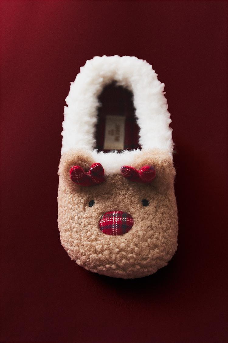 KIDS CHRISTMAS REINDEER SLIPPERS — Brown