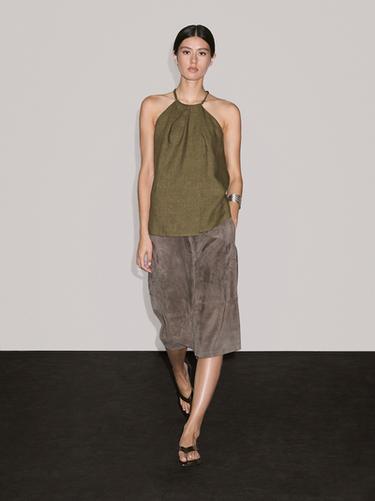 Zara 100% linen crossover halter top - Green