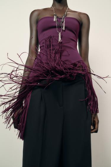 Zara FRINGED STRETCH BANDEAU TOP - Purple