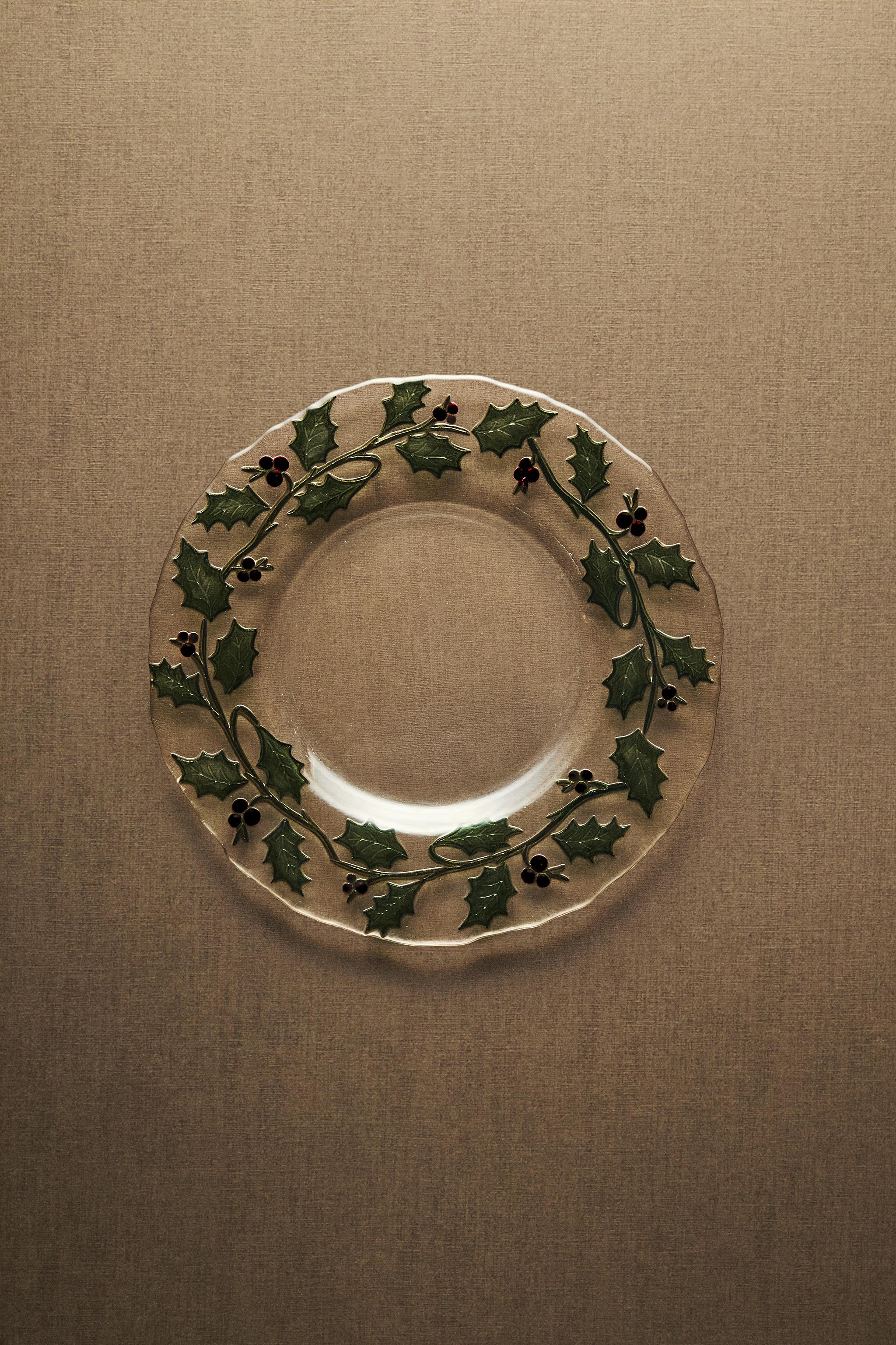 CHRISTMAS GLASS HOLLY LEAF DESSERT PLATE