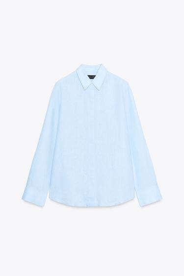 Zara 100% LINEN ZW COLLECTION SHIRT - Pastel blue