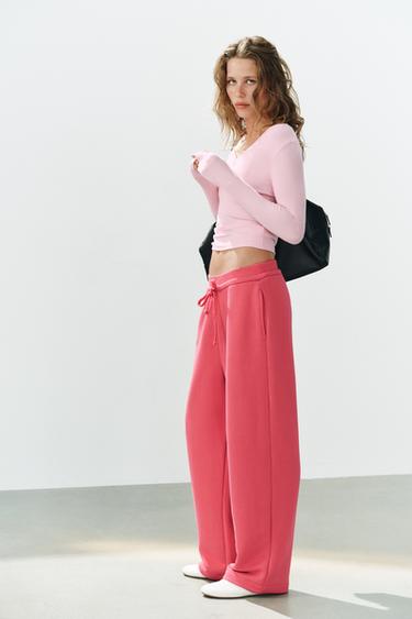 Zara FLEECE DRAWSTRING PANTS - Dark pink