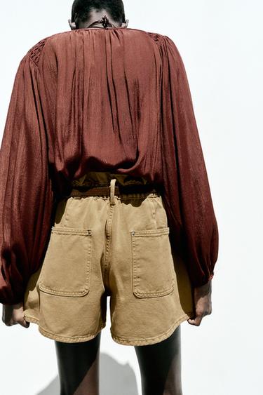 SHORT Z1975 EN JEAN PAPERBAG AVEC CEINTURE - Marron foncé de Zara - Image 4
