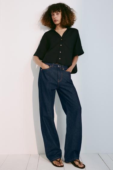 Zara LINEN BLEND CROPPED BUTTON-UP SHIRT - Black