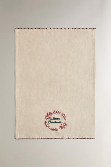 COTTON EMBROIDERED CHRISTMAS TEA TOWEL - Red by Zara - Image 1
