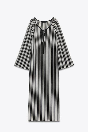 STRIPED KNIT DRESS WITH LINEN - Ecru / Black by Zara - Image 7