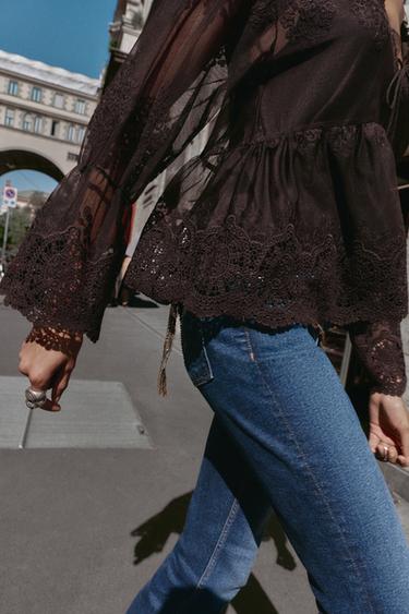 BLOUSE TULLE BRODÉ - Marron de Zara - Image 2