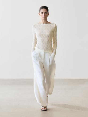 Zara Boat neck T-shirt with lace detail - Ecru - Image 0