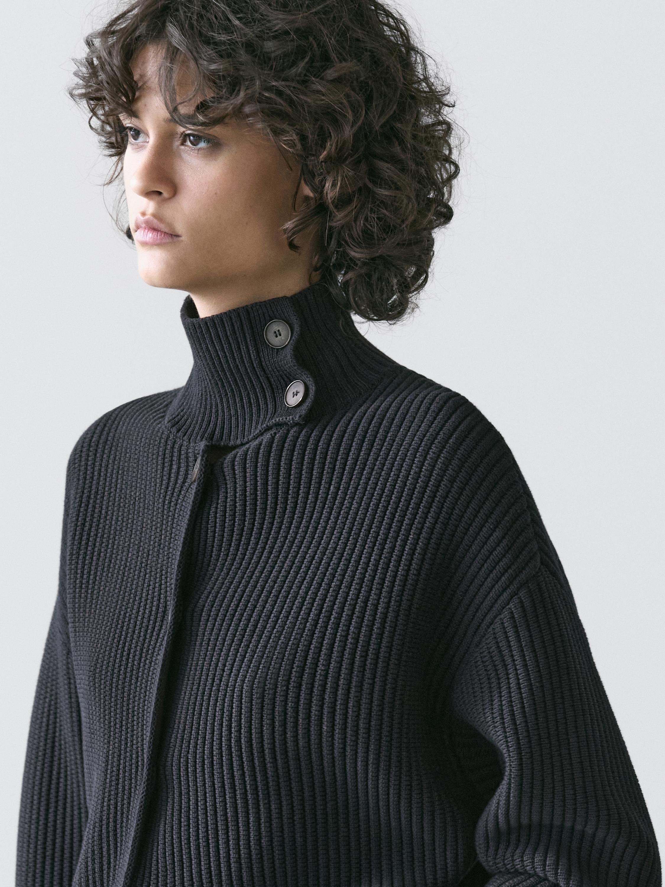 Cotton high neck knit cardigan