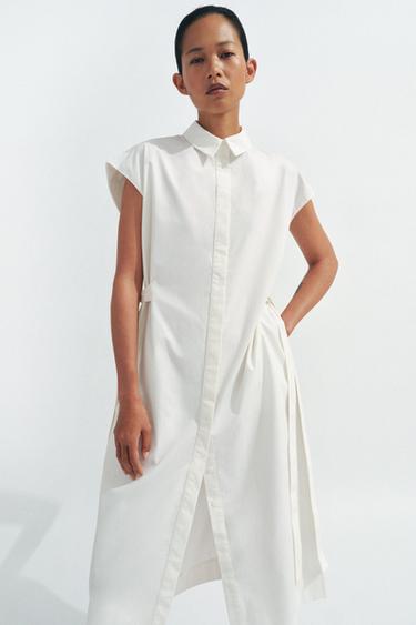 zara white midi shirt dress ZARA BELTED CREPE MIDI DRESS Collared dress with long sleeves. Front  pockets. Button fastening and belt