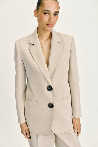 STRAIGHT FIT BLAZER WITH SHOULDER PADS AND TWO BUTTONS - Light beige by Zara