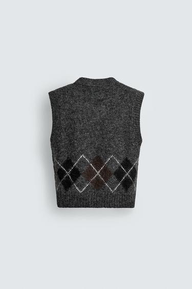 GILET EN MAILLE JACQUARD À LOSANGES - Gris chiné de Zara - Image 7