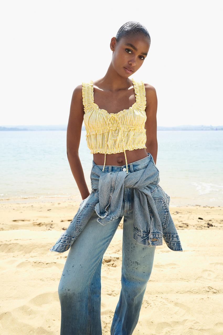 ギンガムチェック柄クロップド丈トップス - イエロー | ZARA Japan / 日本 