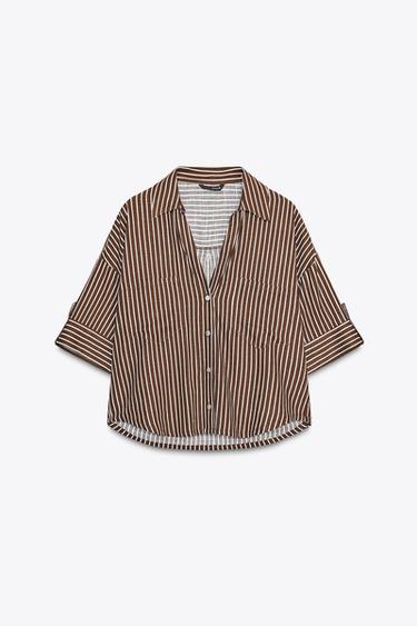 Zara LINEN BLEND CROPPED SHIRT - Brown / Ecru