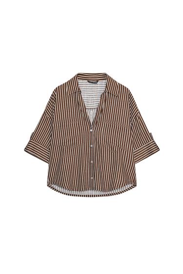 CROPPED LINEN BLEND SHIRT - Brown / Ecru by Zara