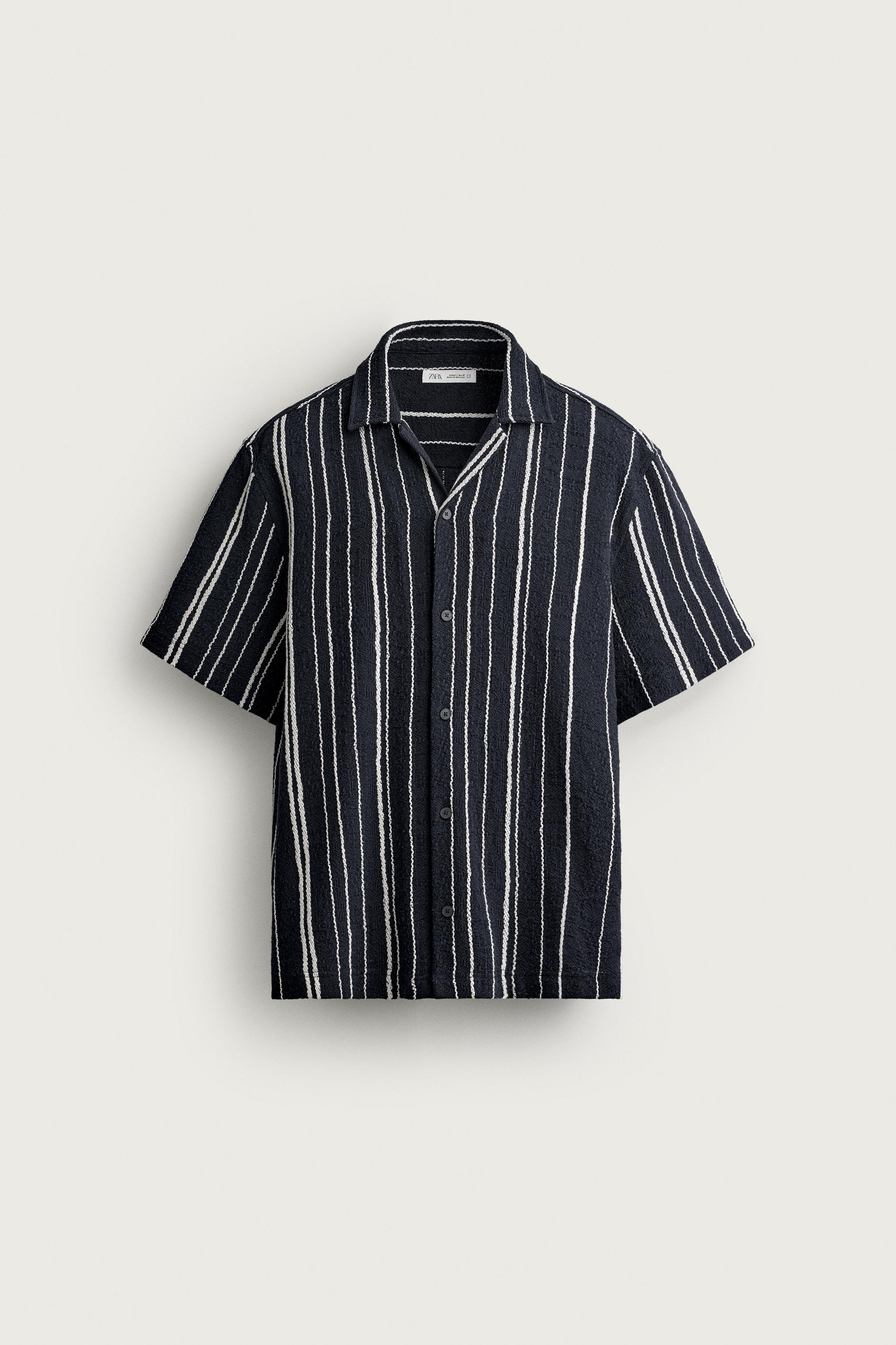 REGULAR FIT STRIPED JACQUARD SHIRT — Navy blue