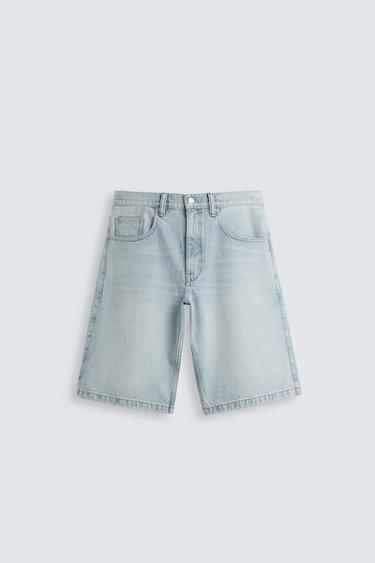 Zara BAGGY FIT DENIM SHORTS - Light blue
