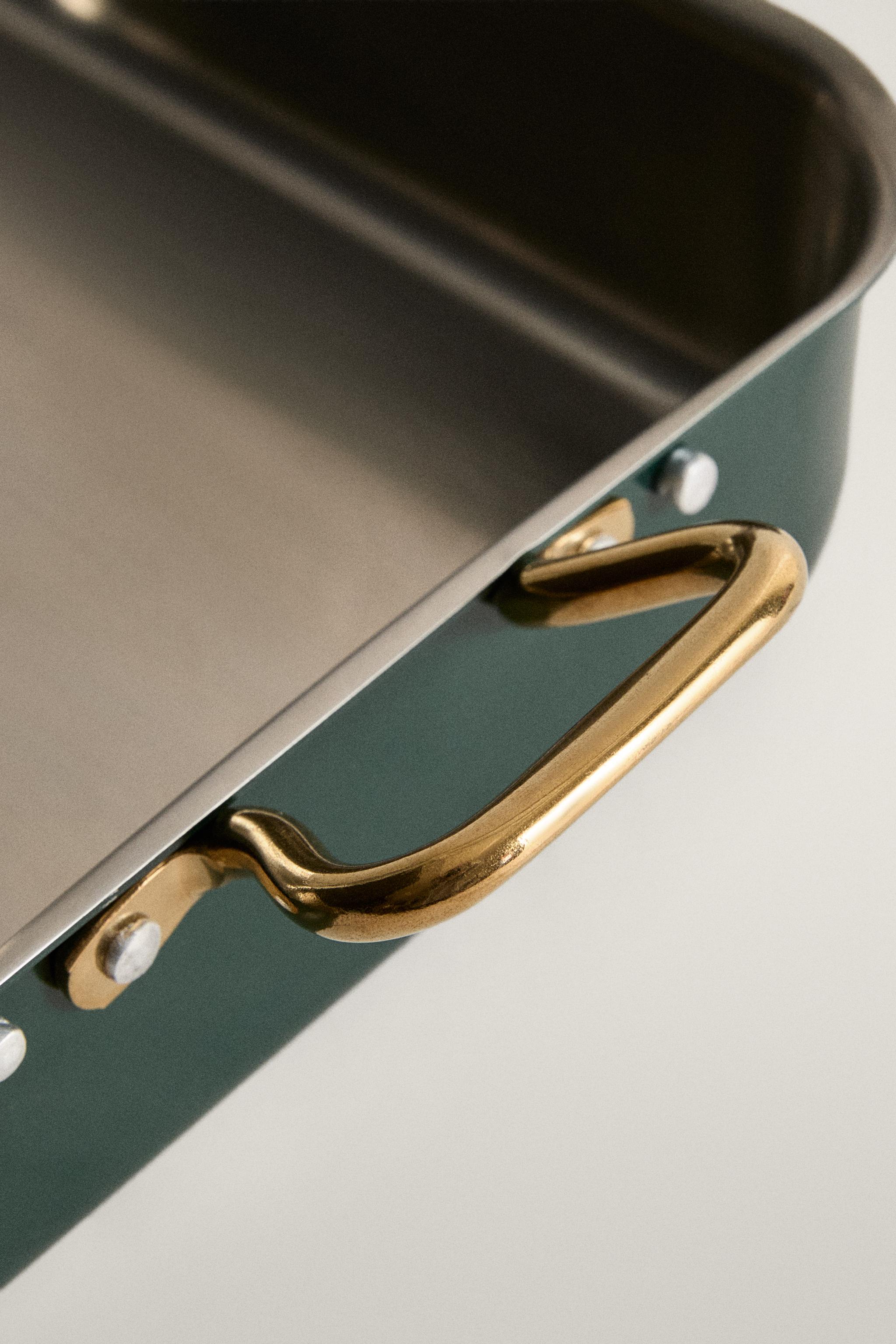 RECTANGULAR STEEL SERVING DISH WITH GOLD HANDLES CHRISTMAS