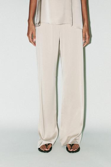 Zara HIGH-WAISTED SATIN PANTS - Gray / Beige