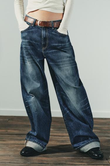 TRF バギーフォルデッド ミッドライズデニムパンツネイビーブルーZaraのTRF バギーフォルデッド ミッドライズデニムパンツ - ネイビーブルー 