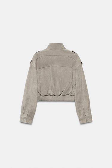 CAZADORA PIEL 100% CROPPED TRABILLA - Gris claro de Zara