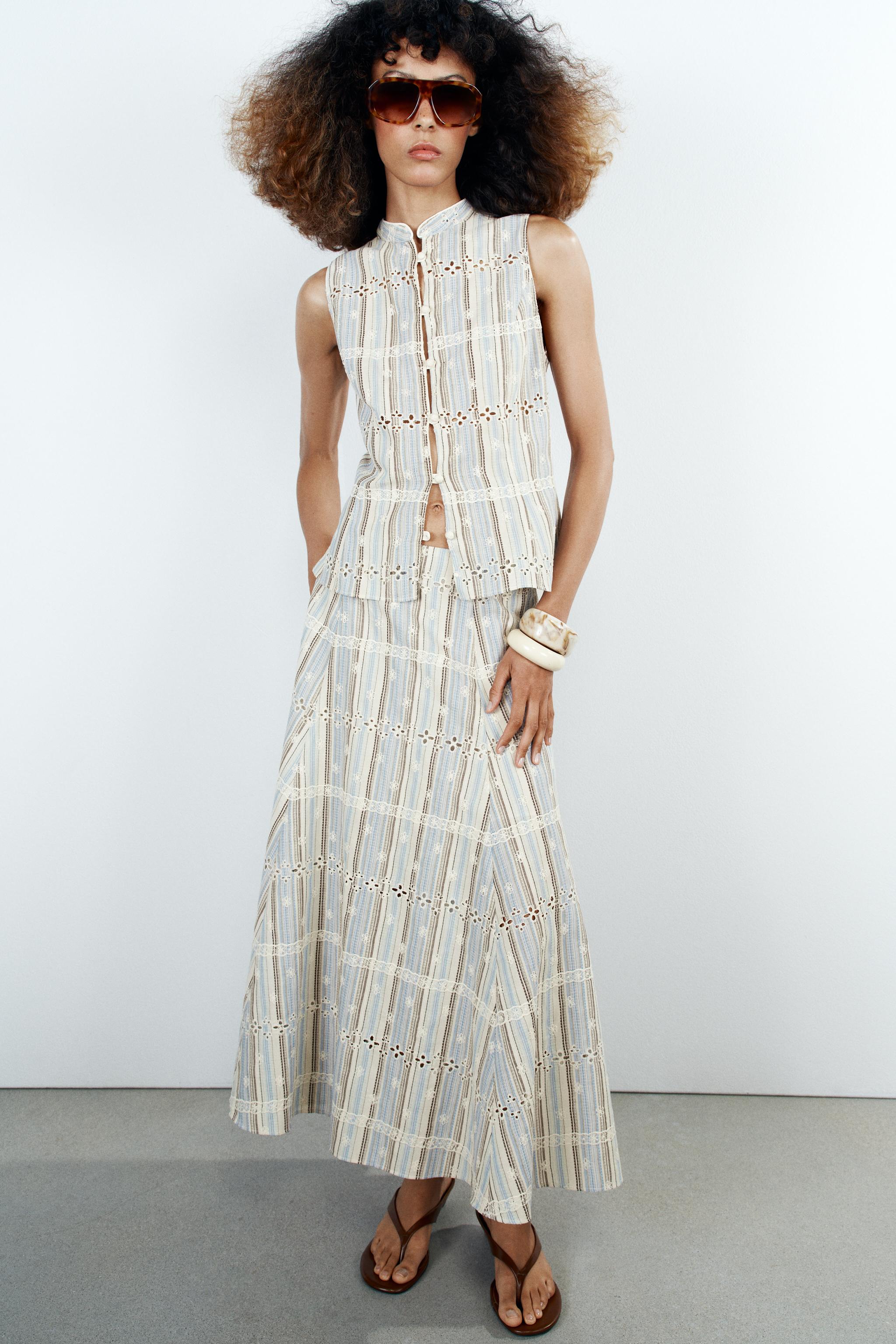STRIPED EMBROIDERED MIDI SKIRT — Multicolored