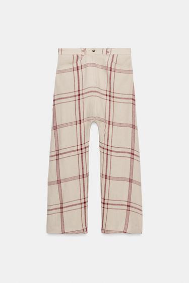بنطلون باغي مربعات كتان ZW COLLECTION - خَام / أحمر الخاص بـ Zara
