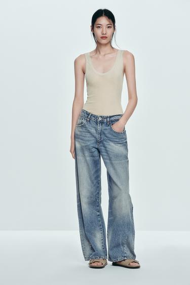 Zara TRF 系列中腰寬鬆燈籠牛仔褲 - 藍色
