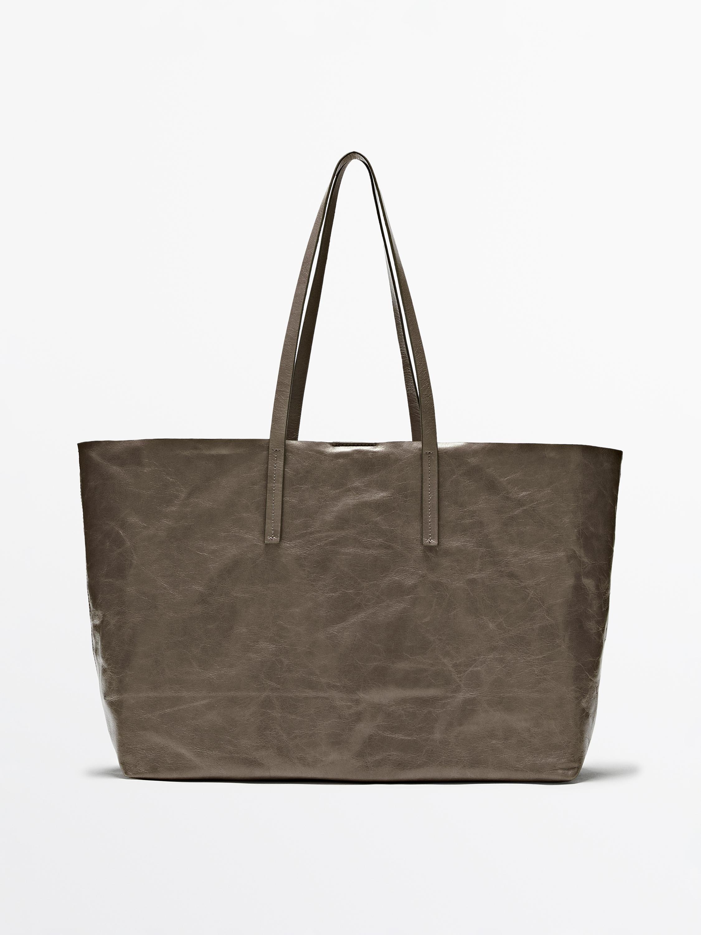 Leather tote bag with a crackled finish - Brown | ZARA Canada