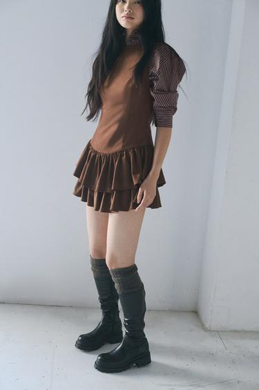 FAUX SUEDE DRESS WITH RUFFLES - Dark brown by Zara