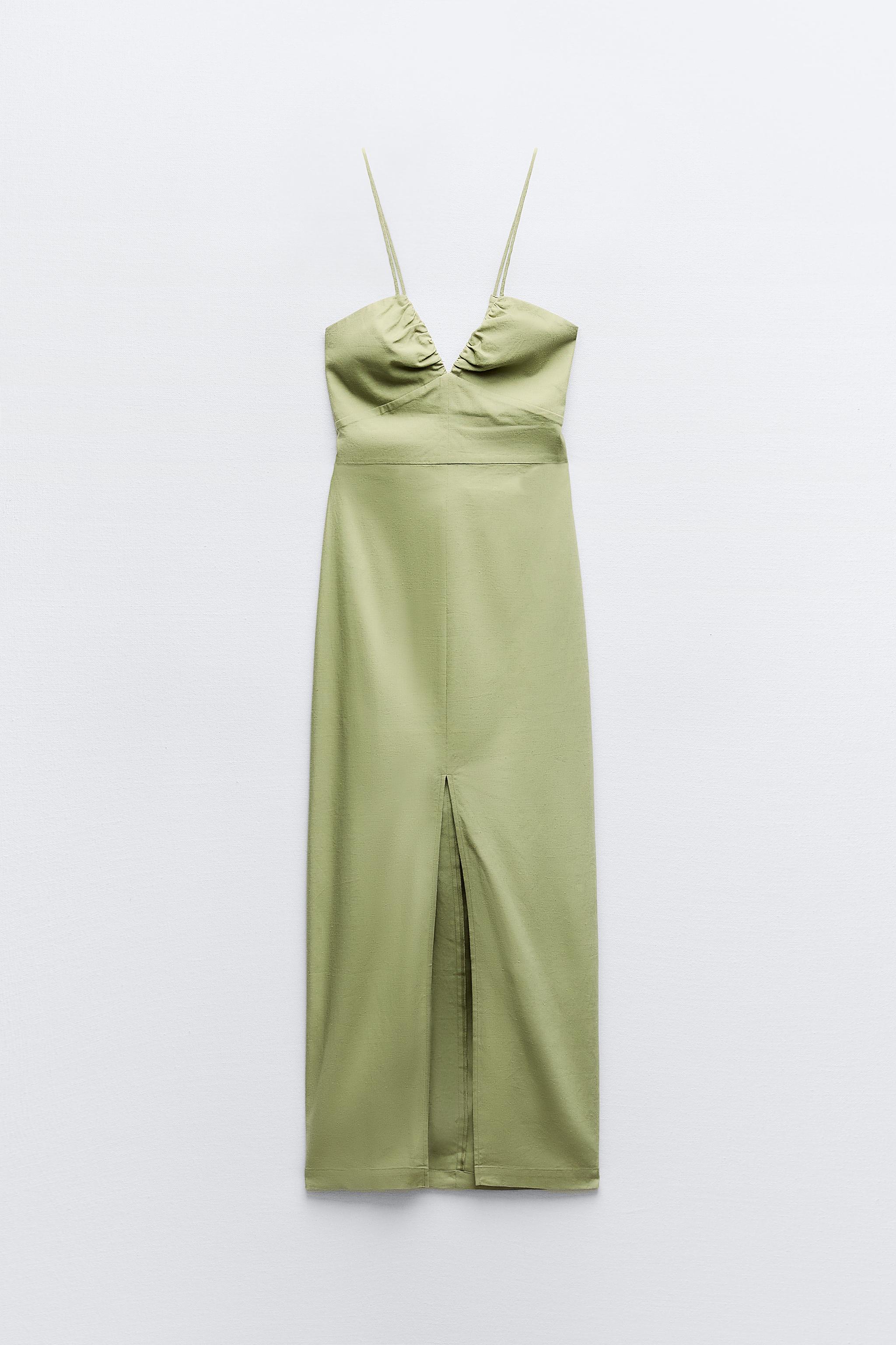 ZARA the Zoe Dress in moss green long sleeves vacay faux wrap