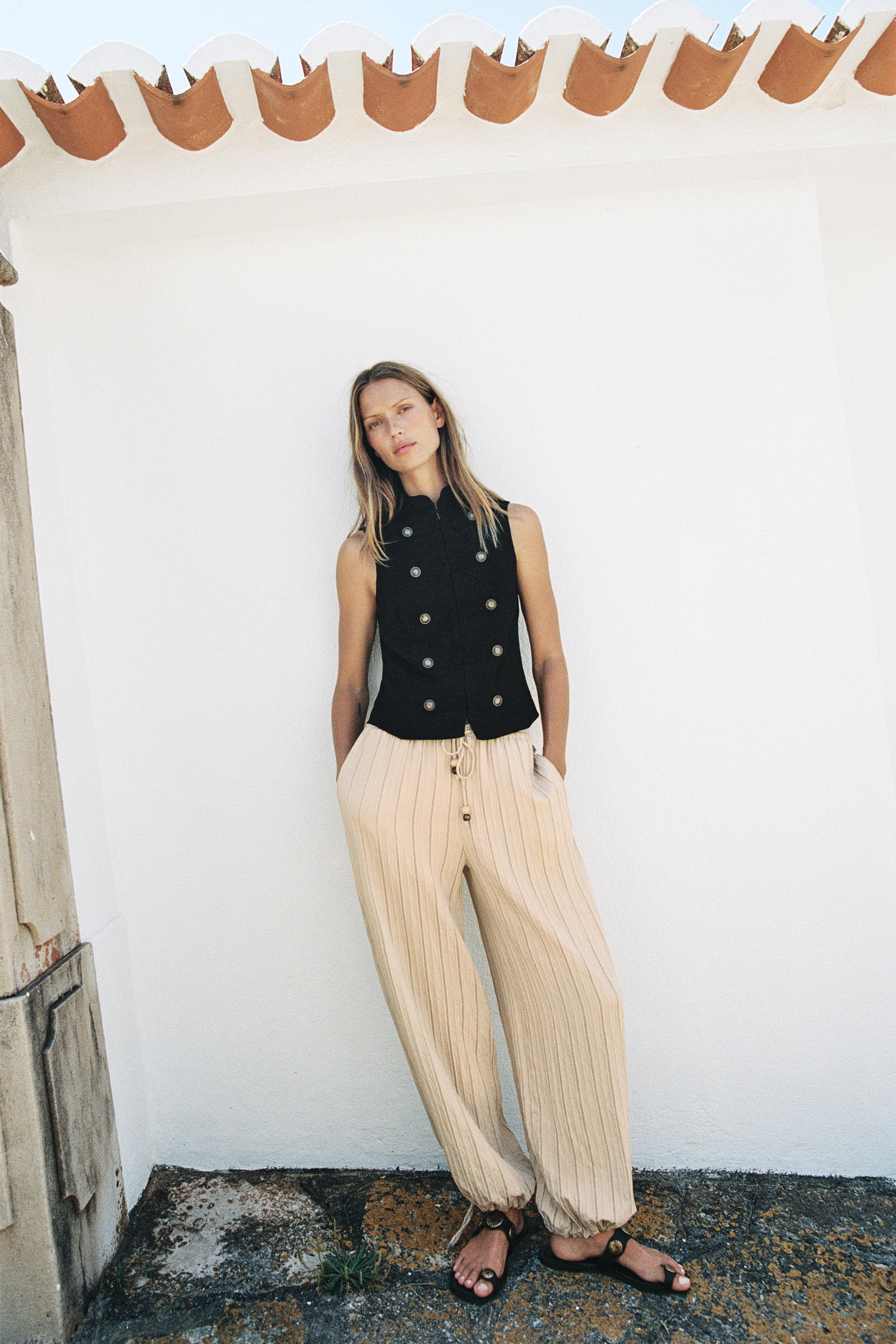 STRIPED WIDE LEG PANTS WITH ELASTIC WAIST — Sand