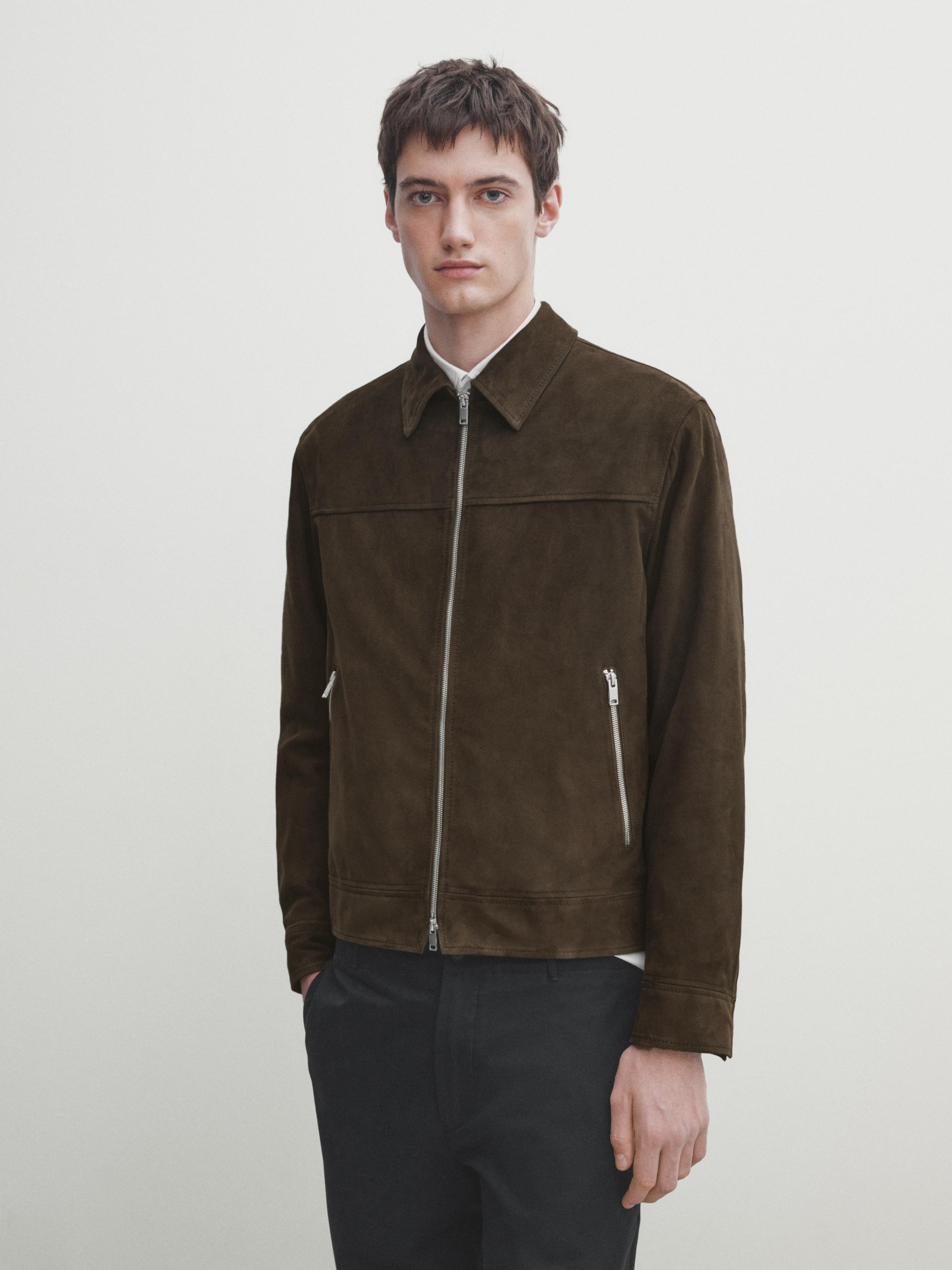 Suede leather trucker jacket - Khaki | ZARA United States