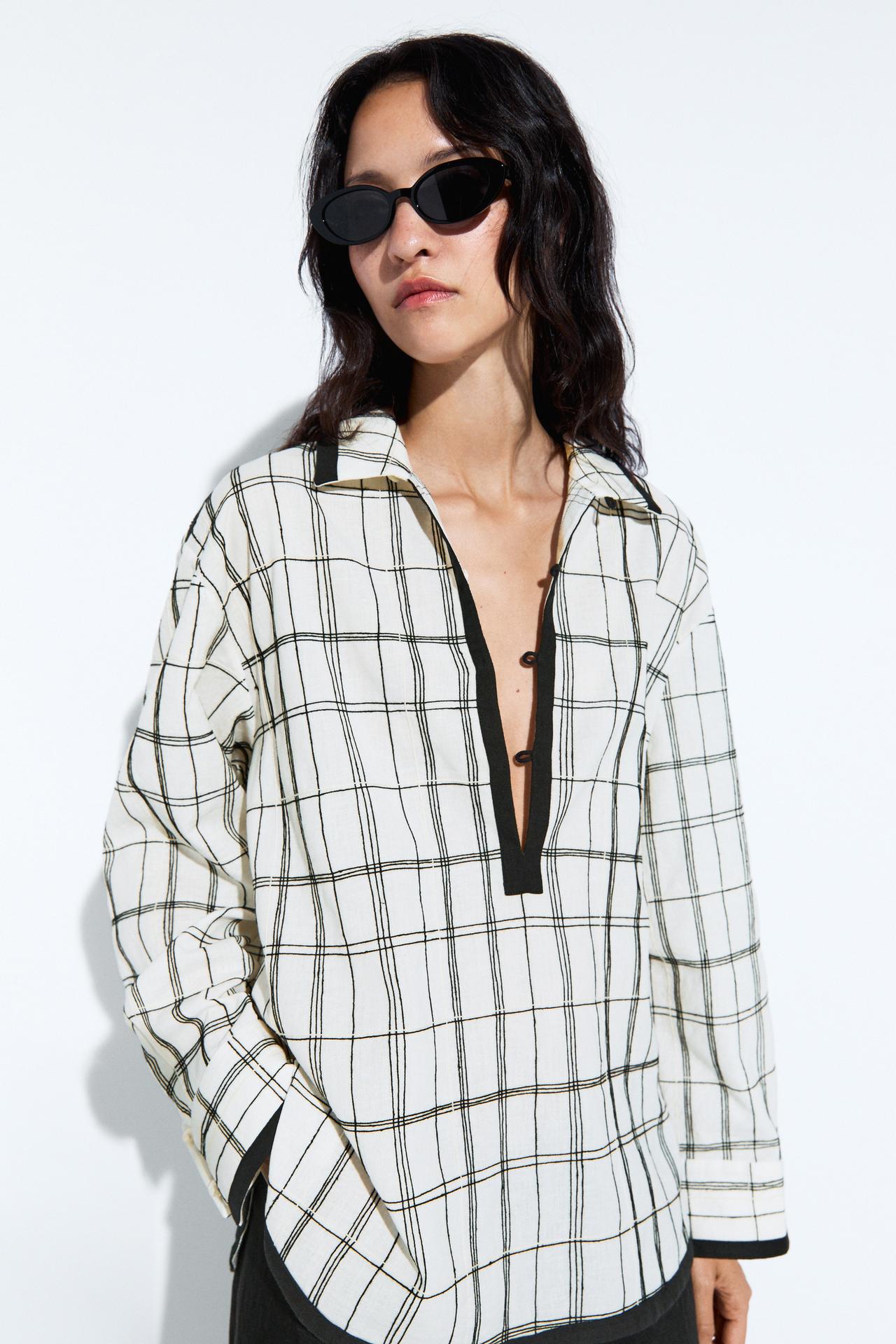 Cotton blend check shirt — White