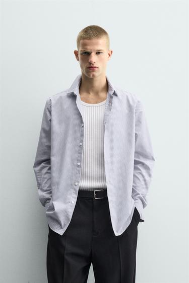 Zara SLIM FIT STRIPED SHIRT - Sky blue