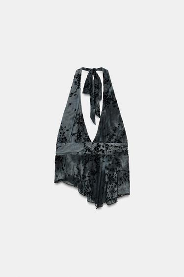 TOP HALTER TUL FLOCADO - Marino oscuro de Zara