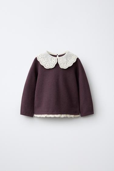 EMBROIDERED COLLAR KNIT SWEATER — Burgundy 1